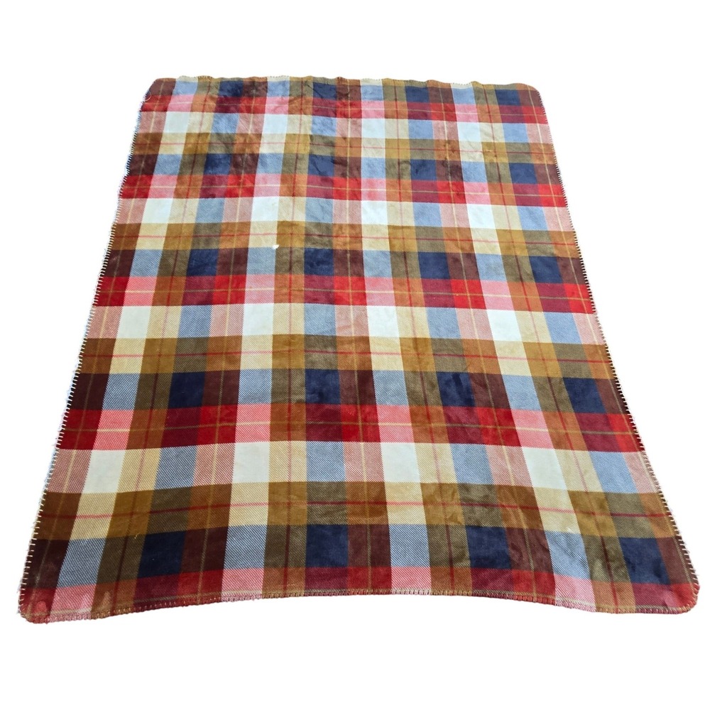 Minky Fleece type material blanket throw 60x50 Checkered brown red black white